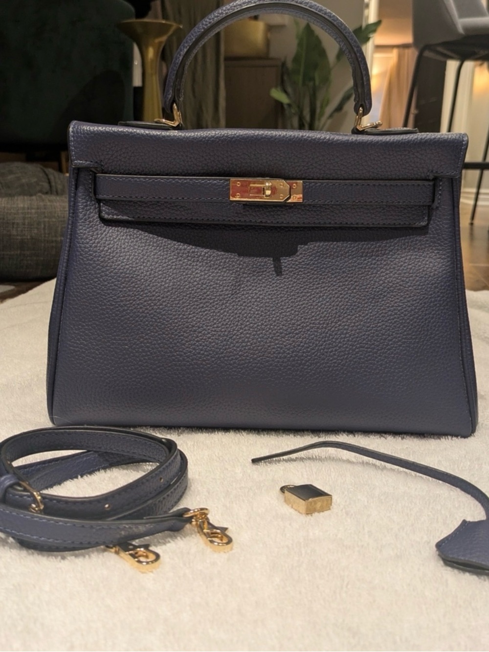 Kelly-Style Leather Satchel in Navy